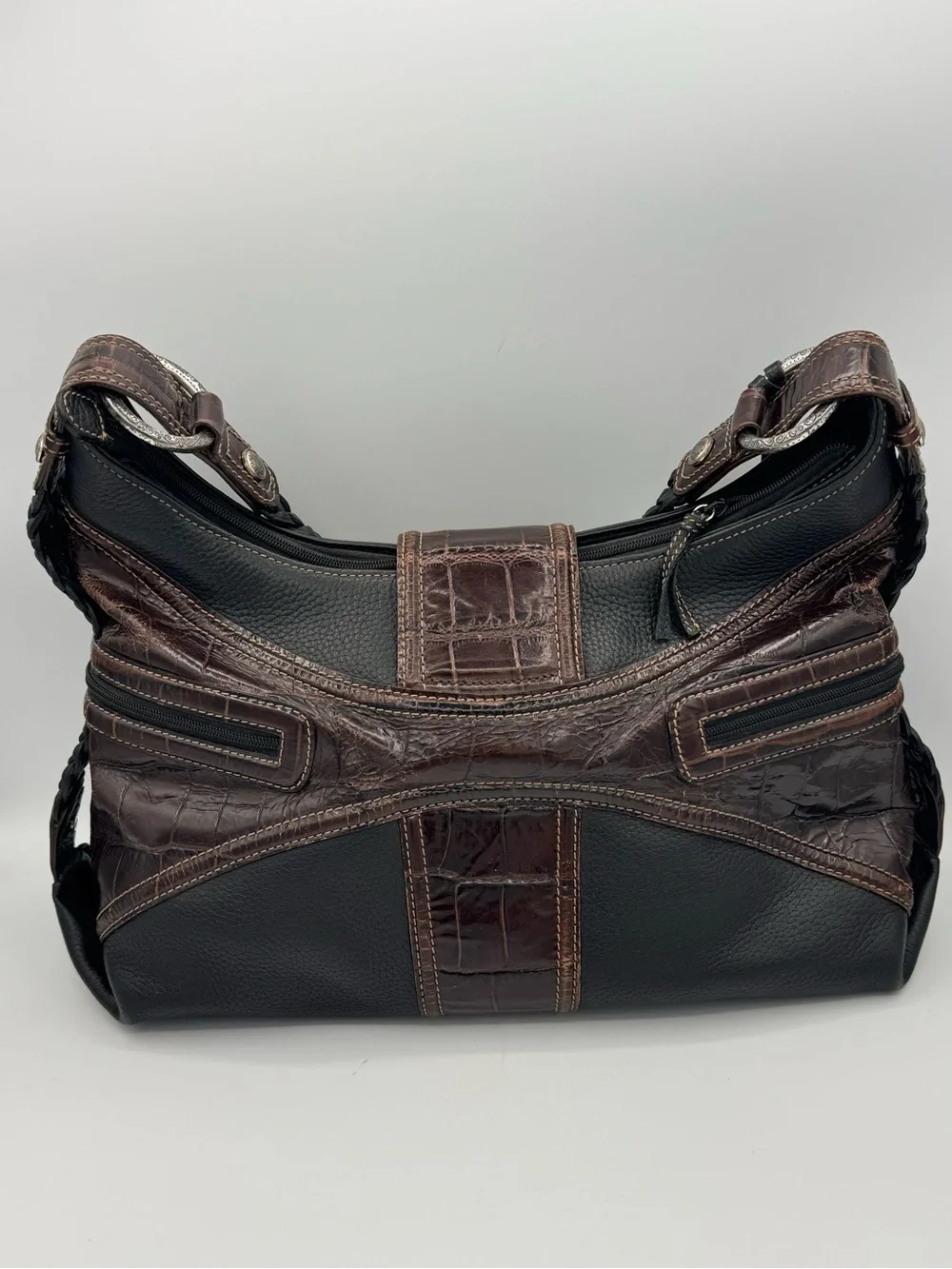 Brighton Vintage Black Leather Croc Embossed Metal Scrollwork Hobo Shoulder Bag